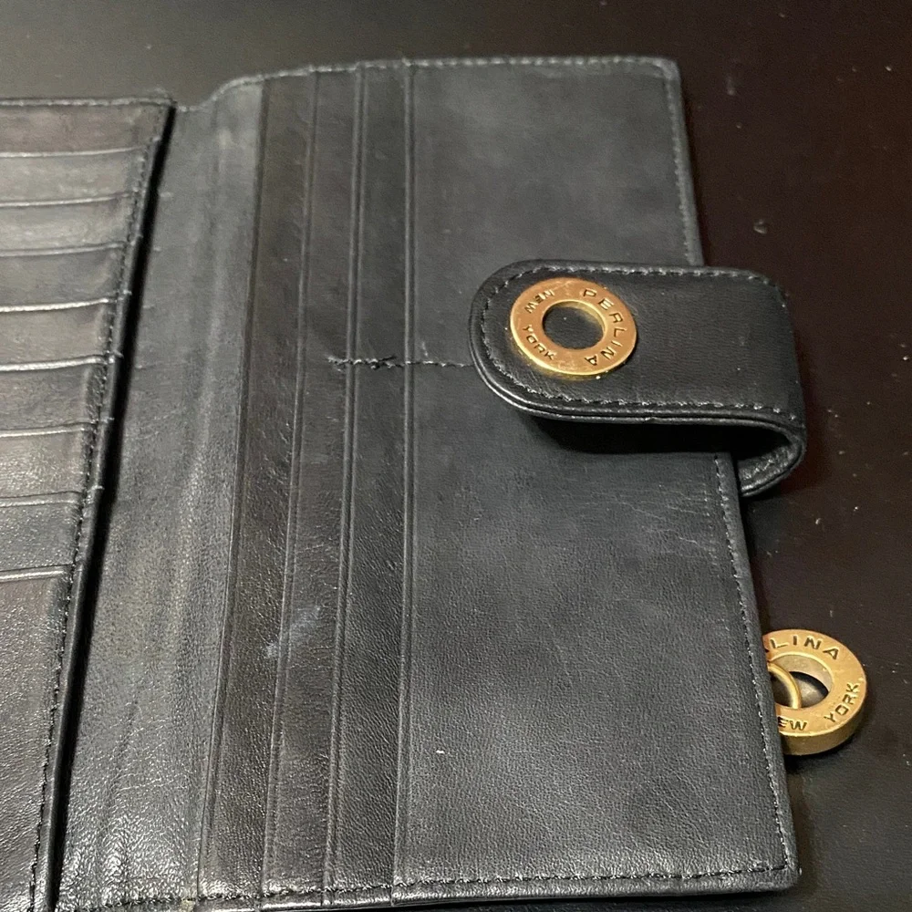 Vintage Perlina New York Black Leather checkbook Wallet with Gold Accent